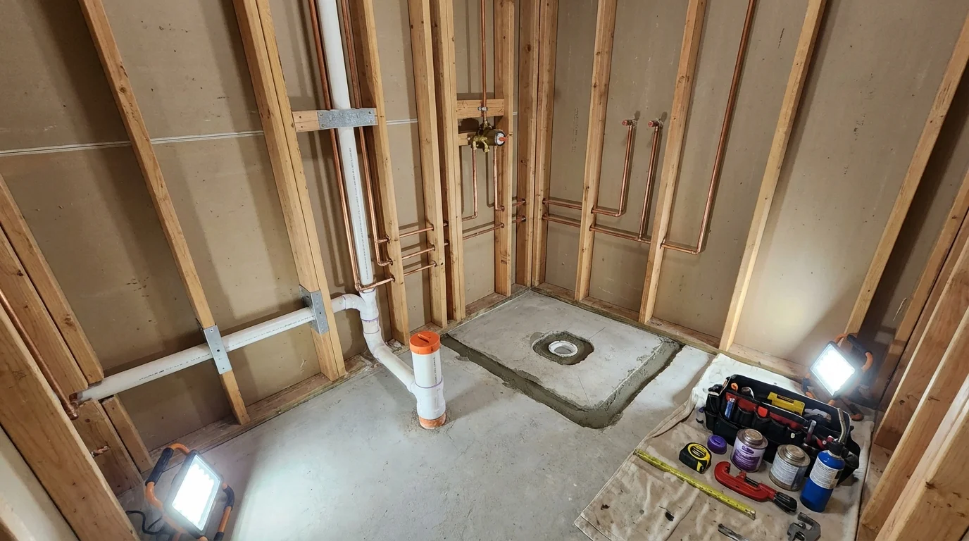 Bathroom rough-in plumbing during remodel by Johns Plumbing LLC in Bakerstown