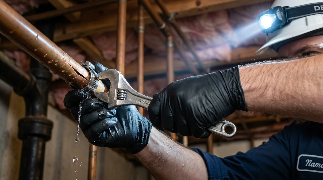 Emergency pipe clamp repair being performed by a Johns Plumbing LLC plumber in Bakerstown