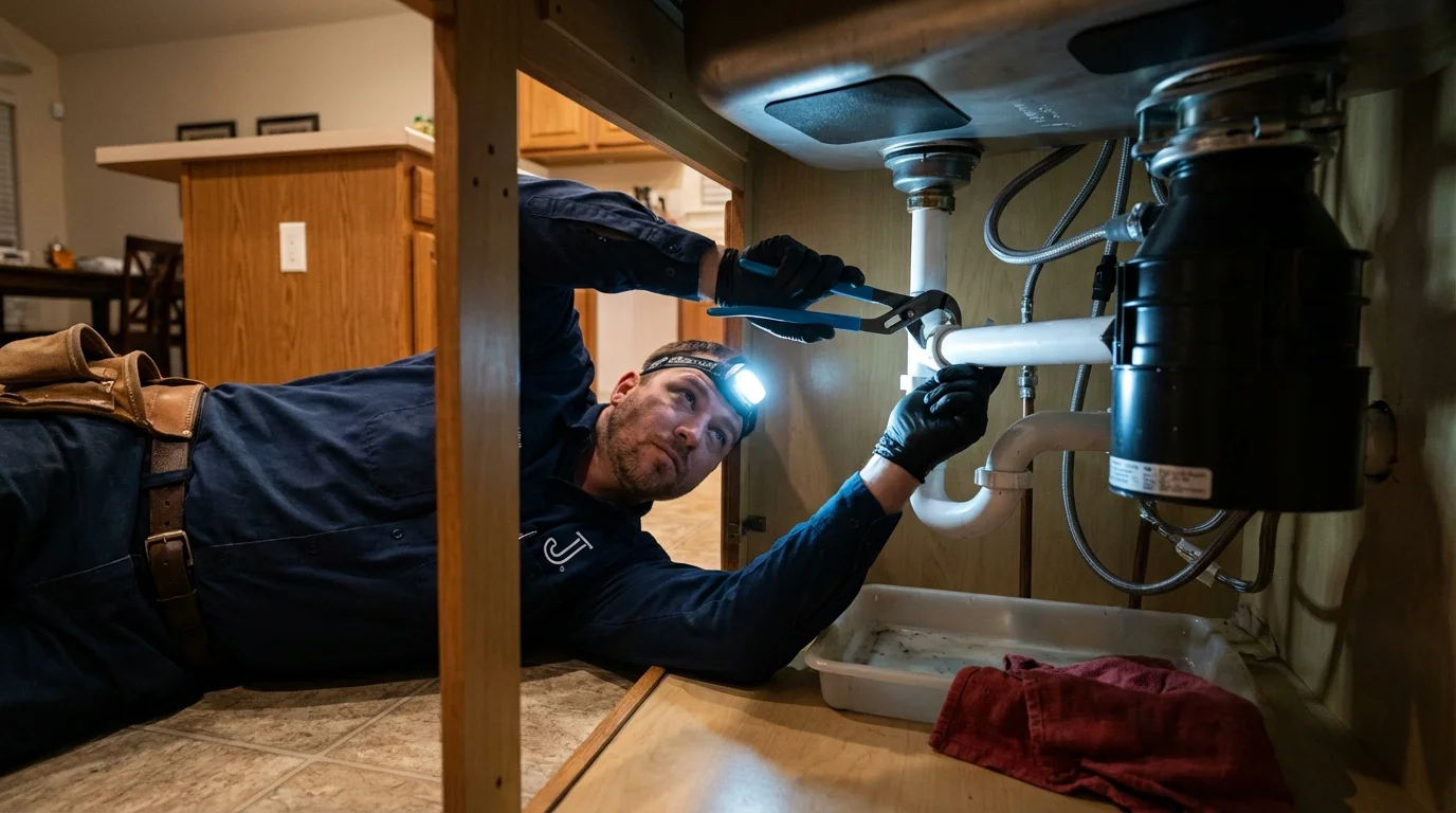 P-trap and supply line connections under a kitchen sink showing a common leak point in Bakerstown, PA